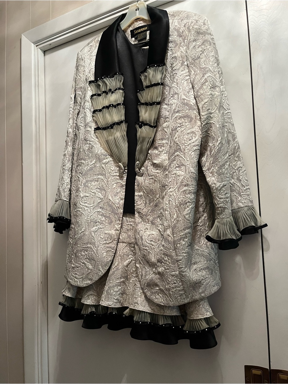 Susanna  Silver Brocade Blazer with Black Satin shell and matching ruffled skirt